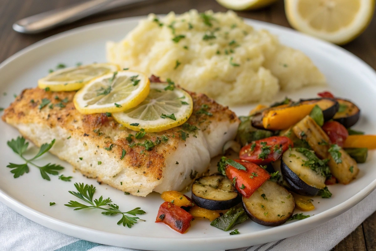 Baked Lemon Garlic Cod with roasted vegetables and mashed potatoes