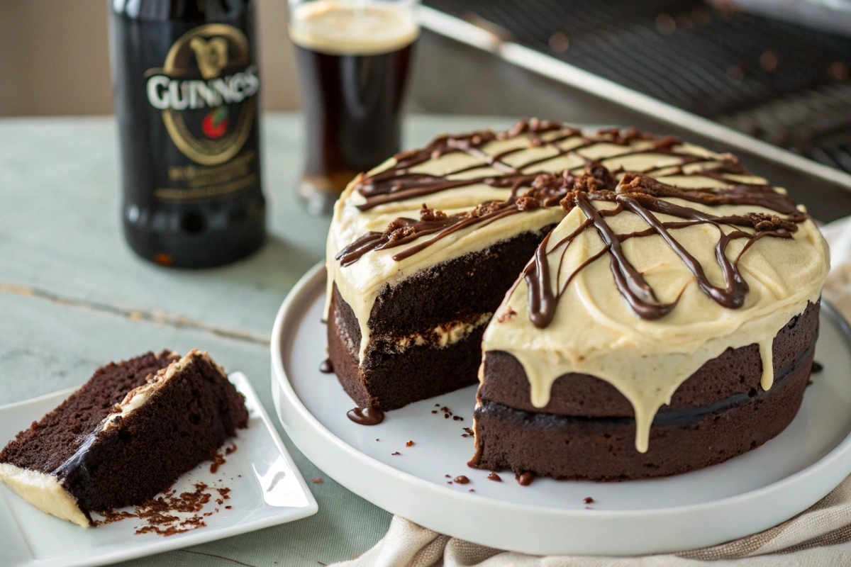 Chocolate Guinness Cake with Ganache – A Showstopping Dessert Sliced Chocolate Guinness Cake with creamy frosting and chocolate ganache drizzle.
