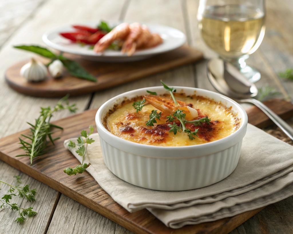 Crab Brûlée with caramelized crust in a ramekin