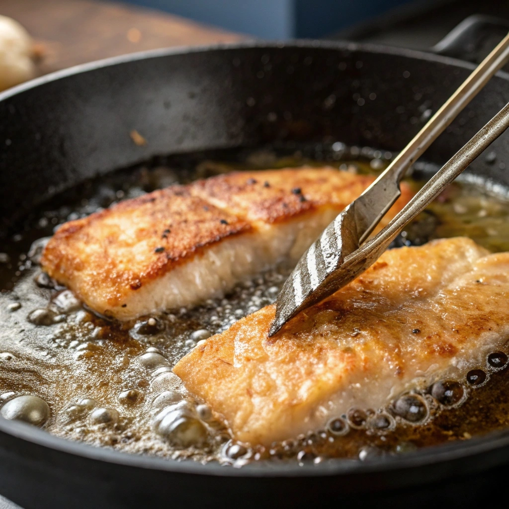 fish-fry-batter-coating Fish fillet dipped in smooth, crispy fish fry batter before frying