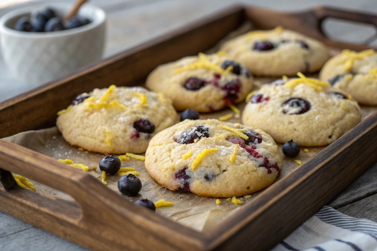 Freshly baked lemon blueberry cookies with juicy blueberries and lemon zest