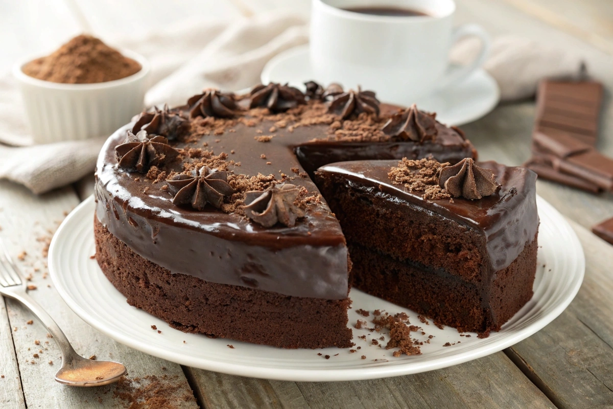 Moist chocolate cake with glossy ganache and chocolate shavings
