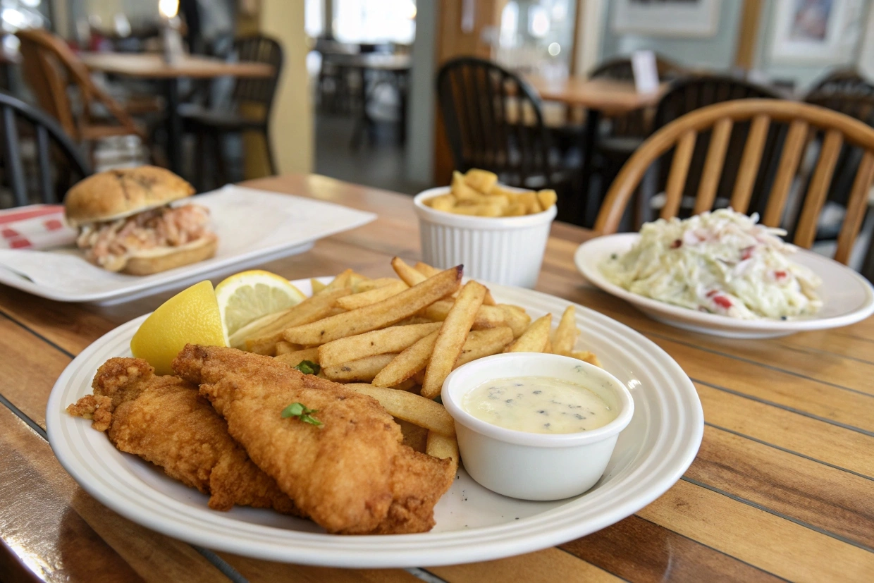Crispy golden fish fillet with perfect fish fry batter, served with lemon wedges and tartar sauce