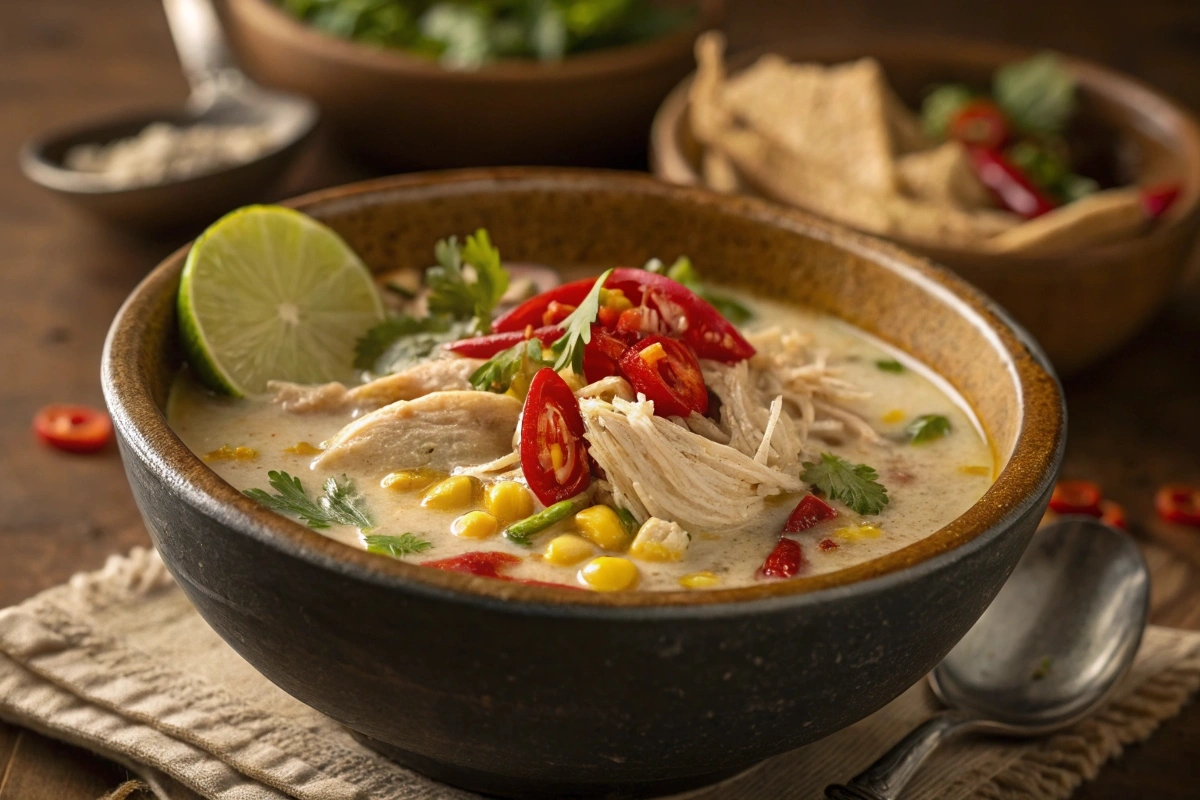 Spicy Chicken Soup Recipes – A bowl of homemade spicy chicken soup with shredded chicken, chili peppers, and fresh herbs