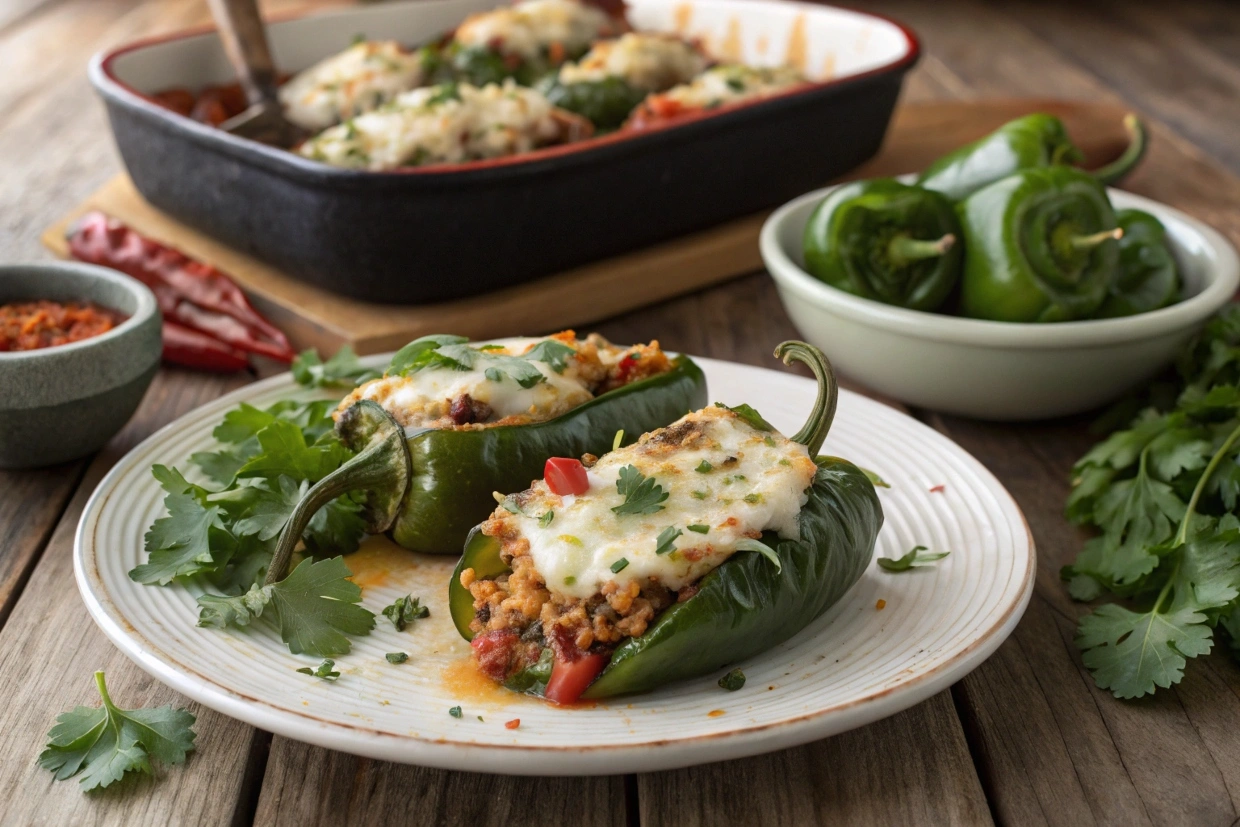 Stuffed poblano peppers with melted cheese and fresh cilantro on a rustic wooden table