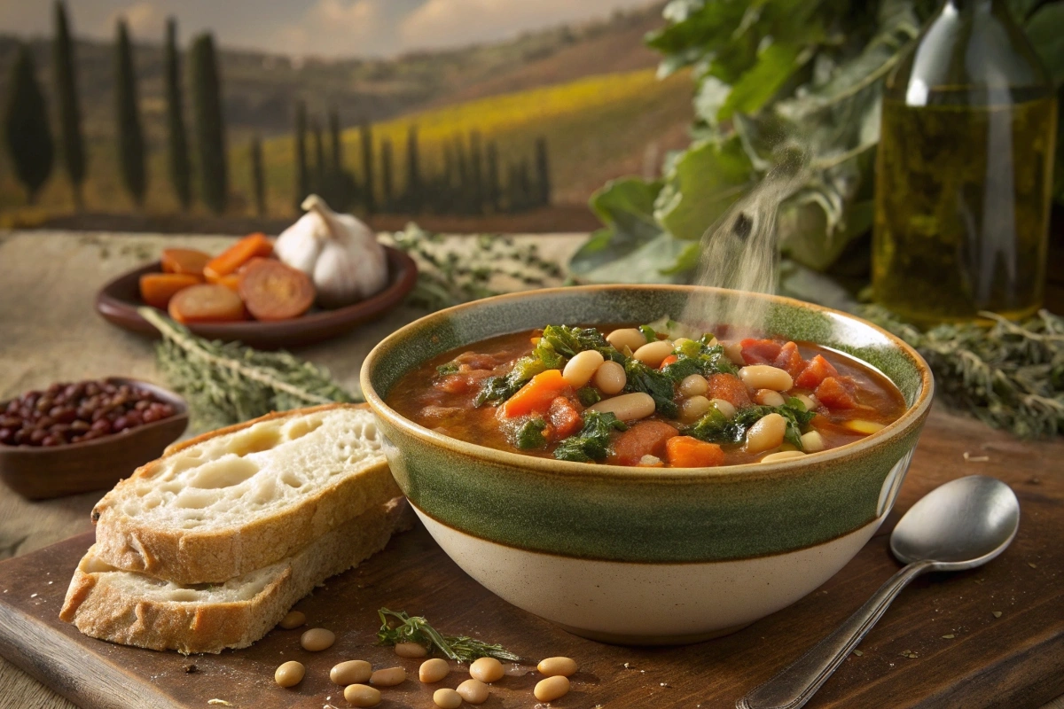 A steaming bowl of Tuscan bean soup with crusty bread on a rustic wooden table.