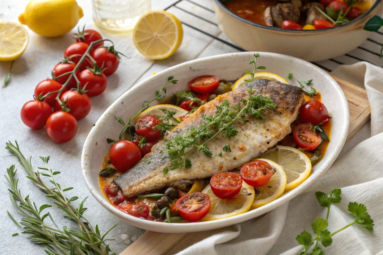 A beautifully presented Mediterranean baked fish with lemons and herbs.