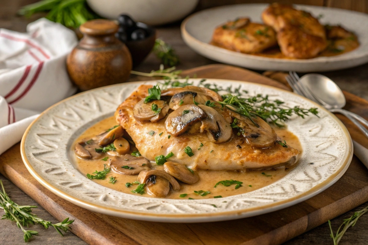 A delicious plate of Chicken Marsala featuring tender chicken breasts in a rich Marsala wine sauce with sautéed mushrooms.