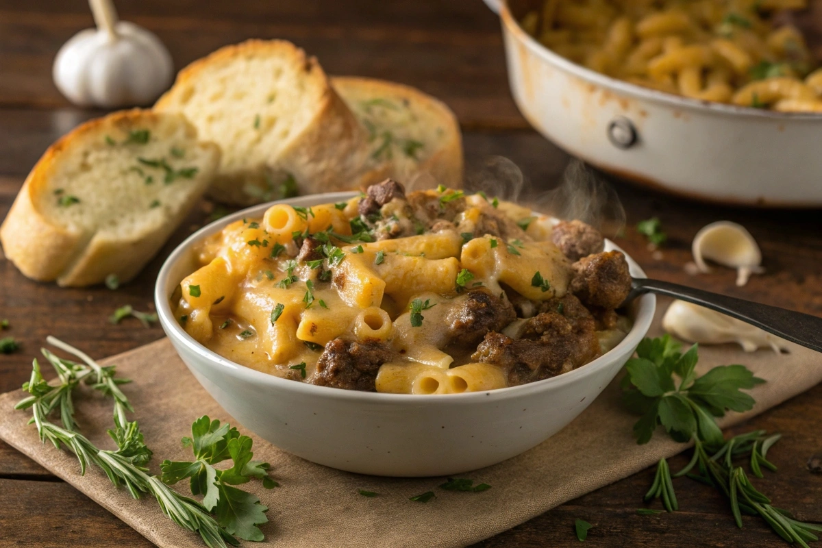 A delicious bowl of beef mac and cheese with golden-brown cheese and ground beef visible.