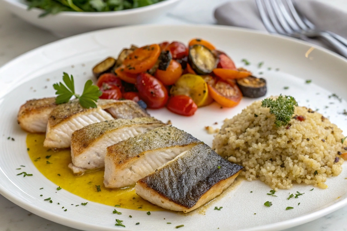 Serving Suggestions for Your Perfect Mediterranean Baked Fish Beautifully plated Mediterranean baked fish served with roasted vegetables and quinoa.