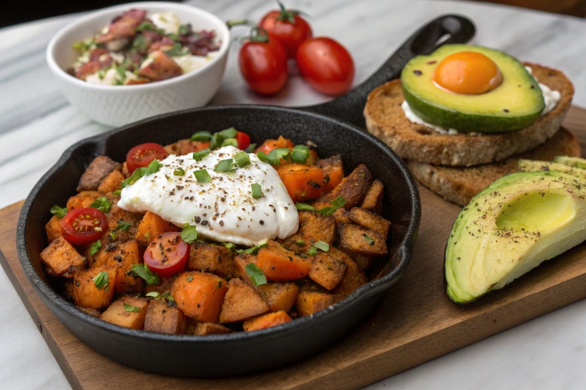 Perfectly Plated Sweet Potato Hash Breakfast Sweet potato hash in a skillet with eggs and avocado toast as sides
