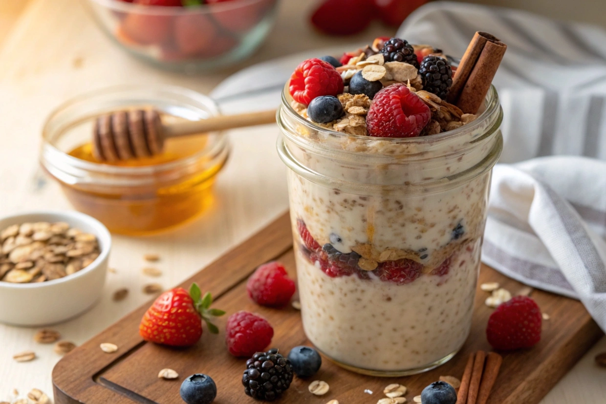 Cinnamon roll overnight oats in a glass jar with fresh toppings and a sprinkle of cinnamo