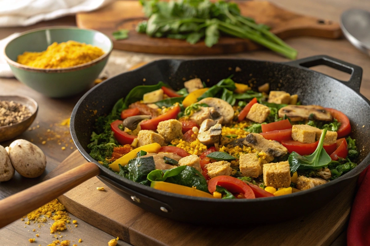 Vegan breakfast skillet featuring colorful veggies, tofu, and spices in a large skillet