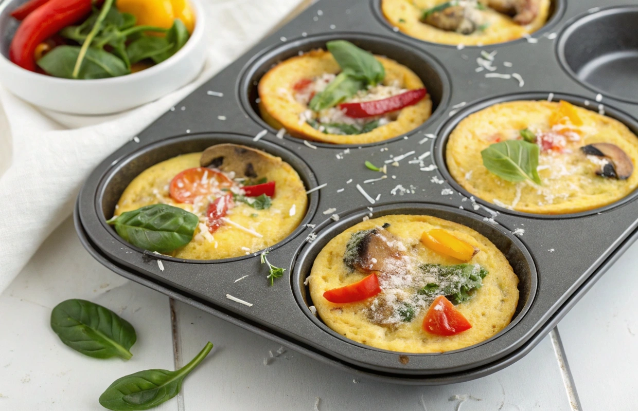 Parmesan & vegetable muffin-tin omelets in a muffin tin, topped with cheese and fresh herbs