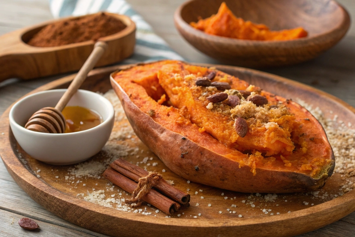 Microwave sweet potato with cinnamon and nutmeg, topped with honey and spices