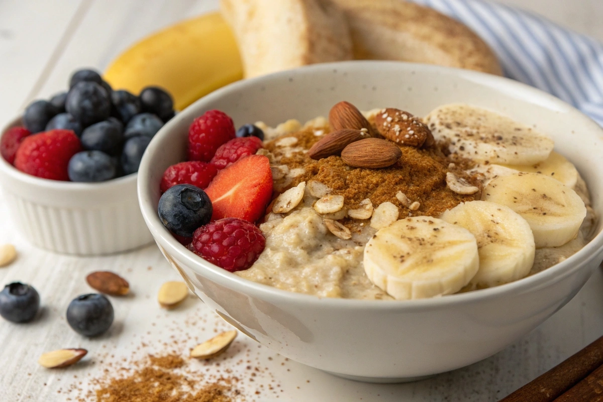 Oatmeal with banana and peanut butter in a bowl, topped with cinnamon and fresh fruit