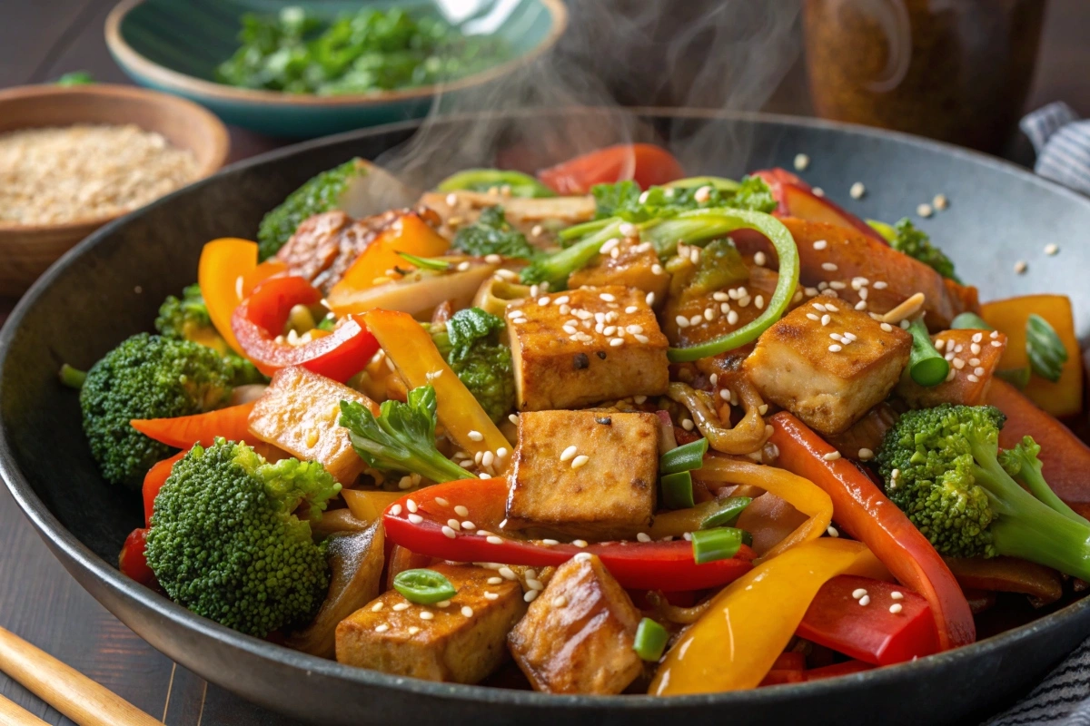 Vegetable stir-fry with tofu featuring colorful veggies and crispy tofu in a savory sauce