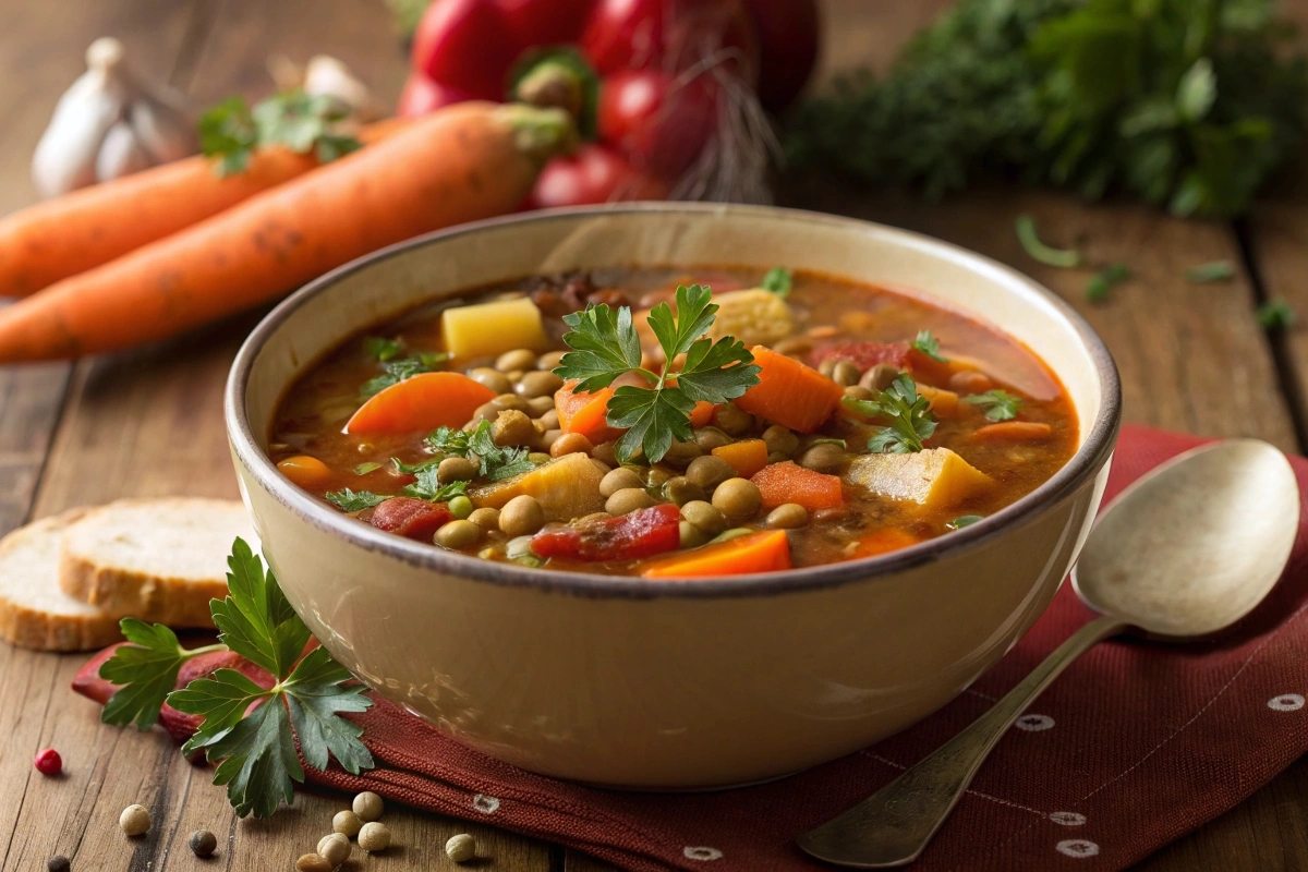 Lentil soup with root vegetables in a bowl, garnished with fresh herbs