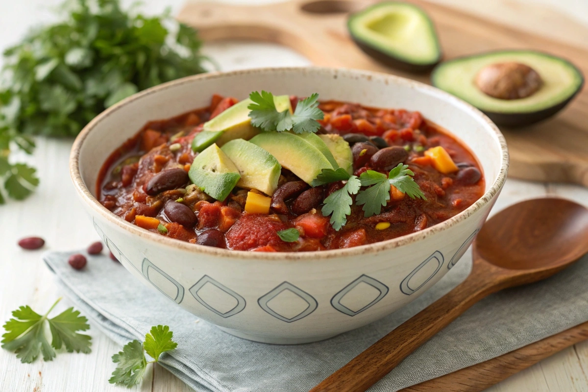 Chili sin carne (vegetarian chili) in a bowl, garnished with cilantro and avocado