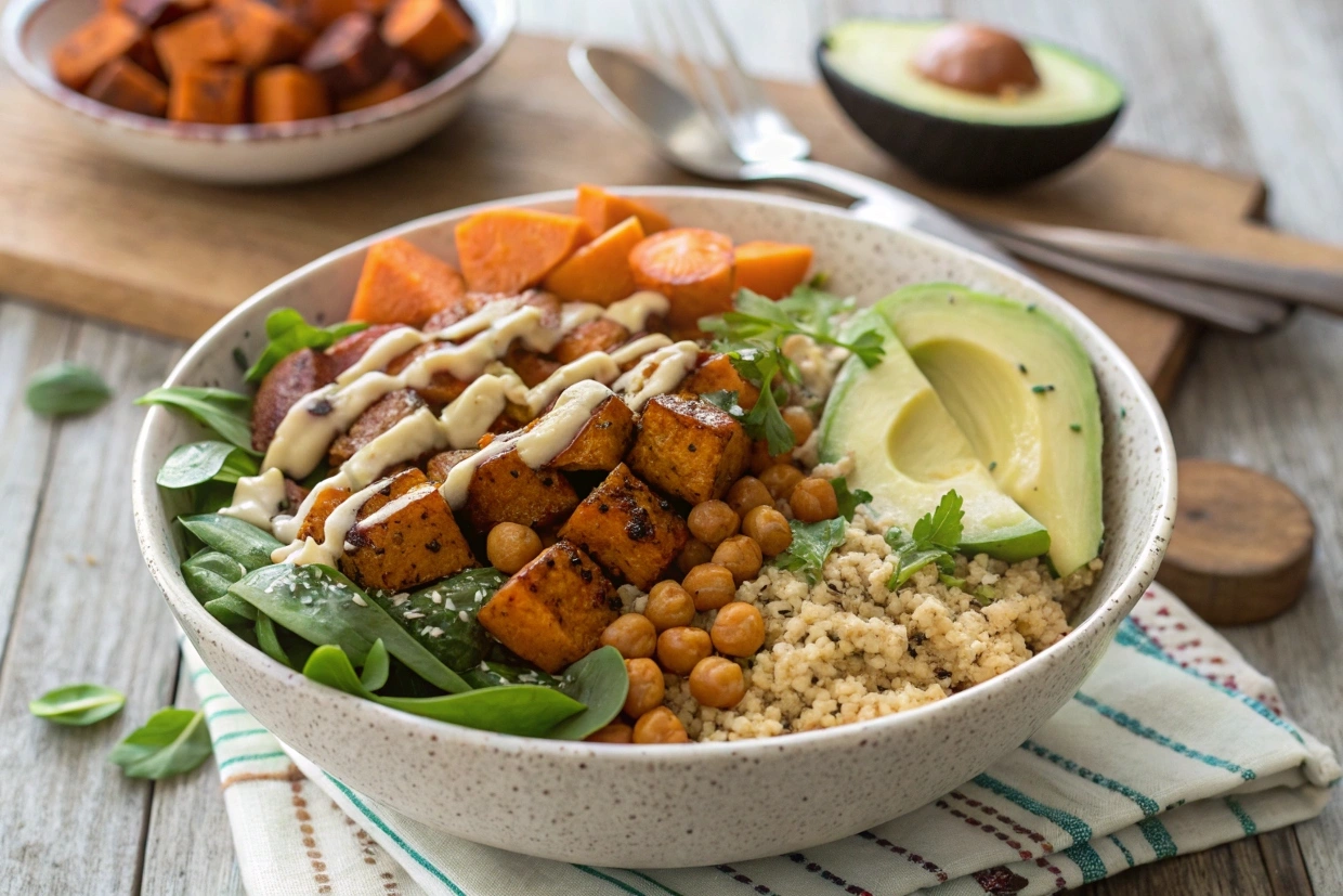 A colorful Chickpea & Sweet Potato Grain Bowl featuring quinoa, roasted sweet potatoes, chickpeas, greens, and avocado