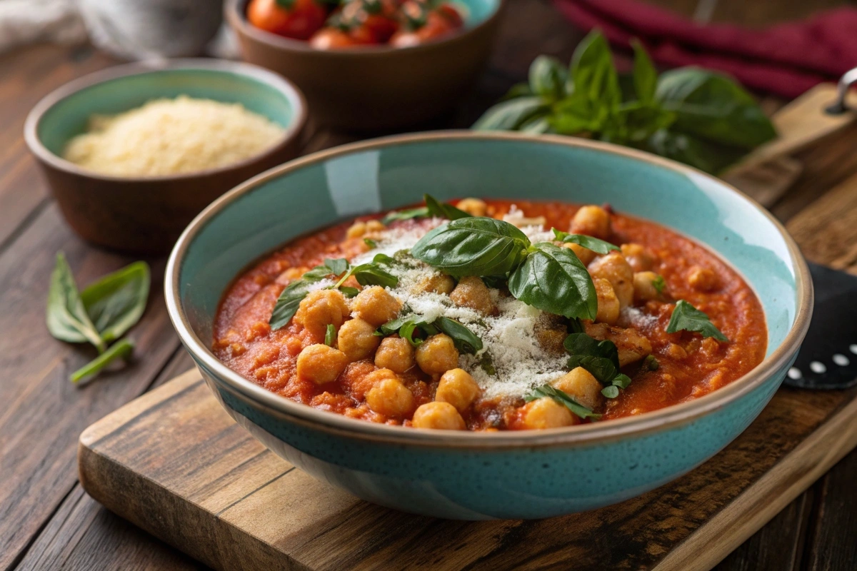 A bowl of Chickpeas alla Vodka featuring creamy tomato sauce, chickpeas, and fresh basil.