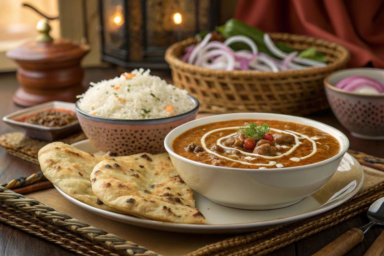 Creamy dal makhani served with naan and basmati rice in a traditional setting