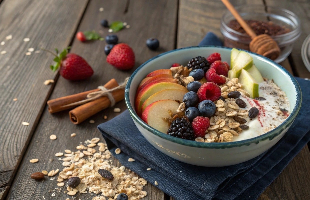 A bowl of Bircher Muesli featuring soaked oats, fresh fruits, nuts, seeds, and yogurt on a wooden table.