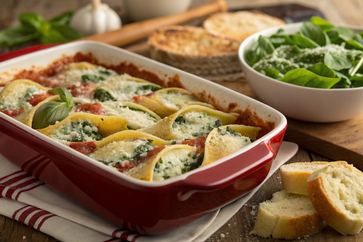 Creamy Spinach and Ricotta Stuffed Shells baked to golden-brown perfection in a casserole dish, served with garlic bread and salad