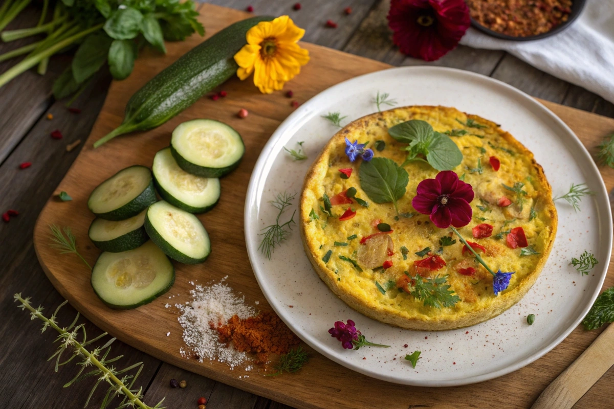 Vegan Frittata with Zucchini on wooden board with herbs