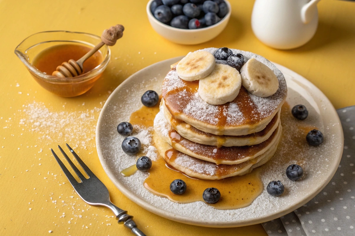 Fluffy Banana Pancakes with berries and maple syrup