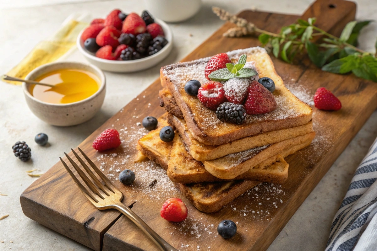 Vegan French Toast with berries and maple syrup