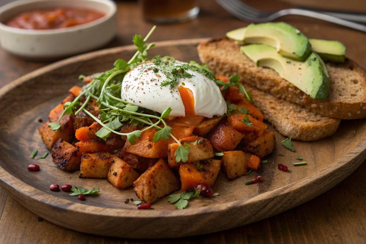 Crispy sweet potato hash with poached egg and avocado on a wooden plate