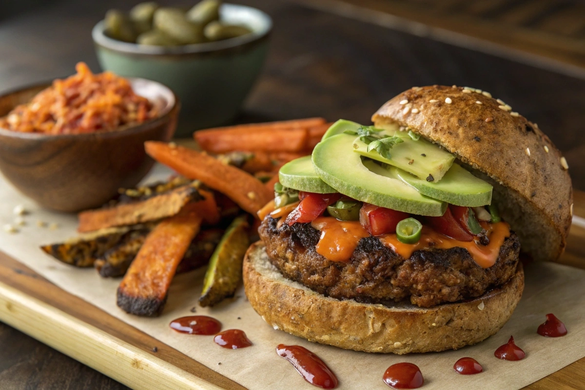 Juicy black bean burger on a whole-grain bun with avocado and fries