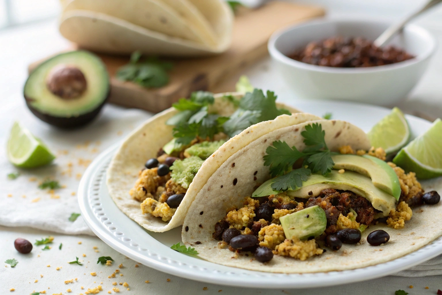 Vibrant Vegan Breakfast Tacos filled with tofu scramble, beans, and avocado.